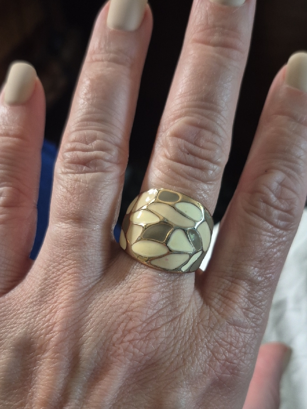 Vintage Gold-Tone Cream Mosaic Dome Ring